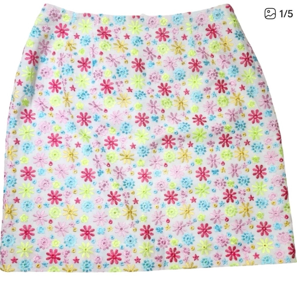Lilly Pulitzer Vintage Embroidered White Skirt - Multicolor Flower Pattern